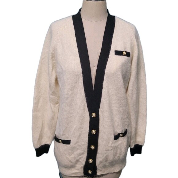 Vtg Lambswool Angora Rabbit Hair Cardigan Sweater Womens PM Fuzzy Old Money Luxe - Picture 1 of 16